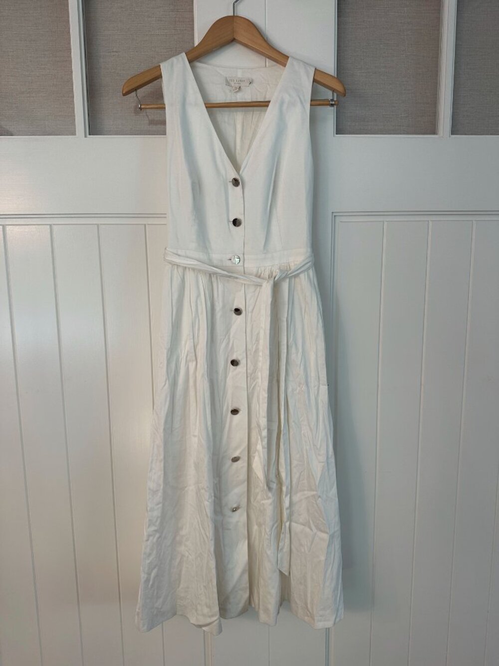 Ted Baker London Ivory Midi Dress Button Front Tie Waist Size 3 (US 8)